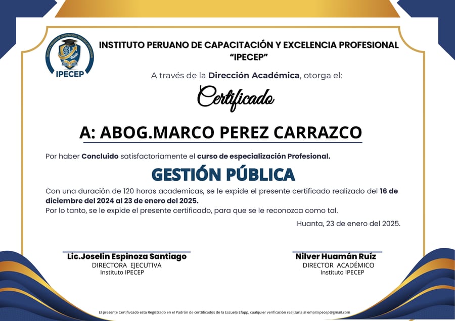 Muestra de un certificado emitido por IPECEP
